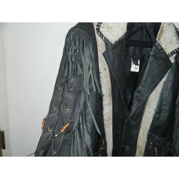 Vintage D. Frank Jacket Men Size‎ X-Large Black Leather White Fur Fringed Beaded - Picture 9 of 14